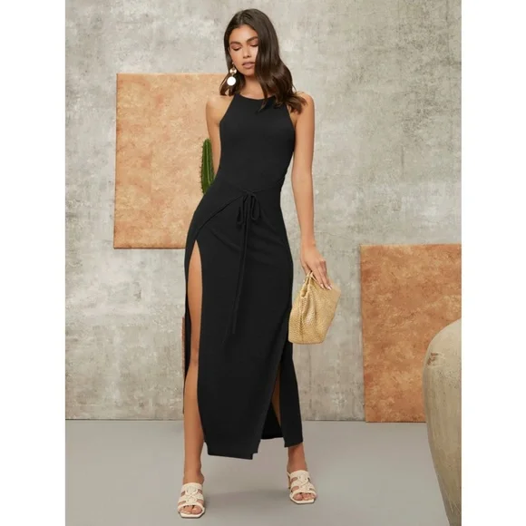 Tie Front Black Dress Maxi Length Thigh Slit - Picture 6 of 7
